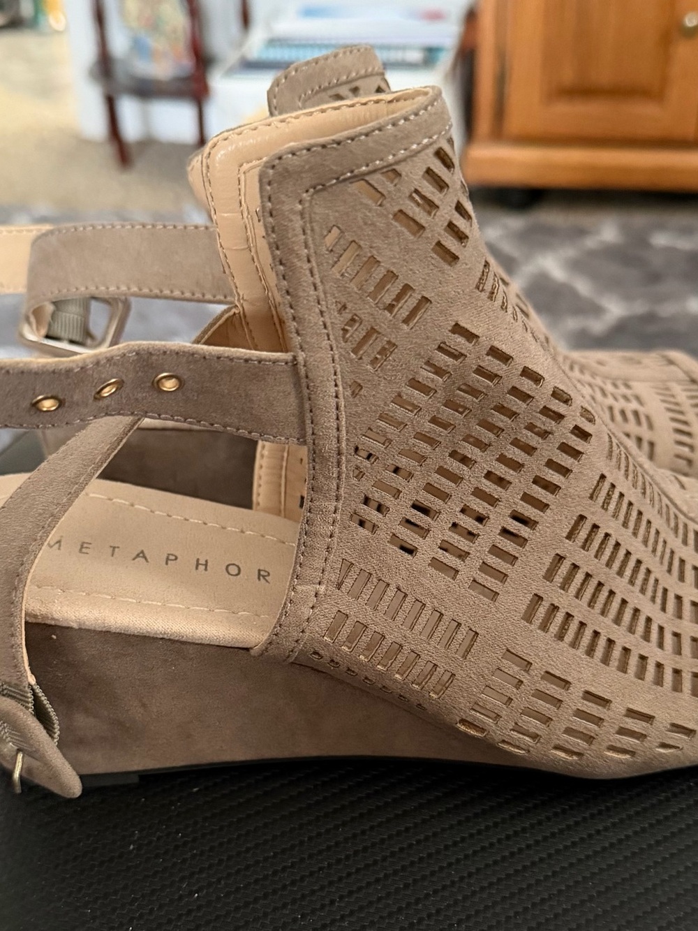 Metaphor Taupe Laser-Cut Slingback Wedge Sandal